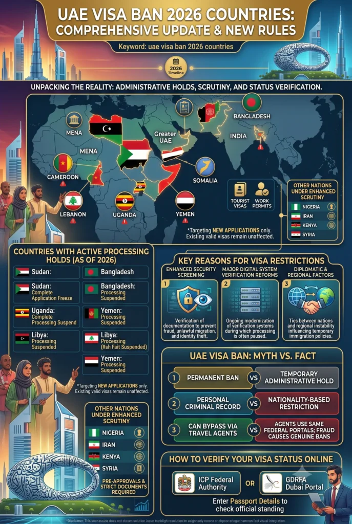A detailed vertical infographic providing a comprehensive update on UAE visa ban 2026 countries. Features a world map highlighting affected nations, sections detailing countries with processing holds (like Sudan, Yemen, Bangladesh), key reasons for restrictions (security, digital reforms), myth vs. fact clarifications, other nations under enhanced scrutiny (like Nigeria, Iran), and a guide on how to verify visa status online through ICP and GDRFA portals.
